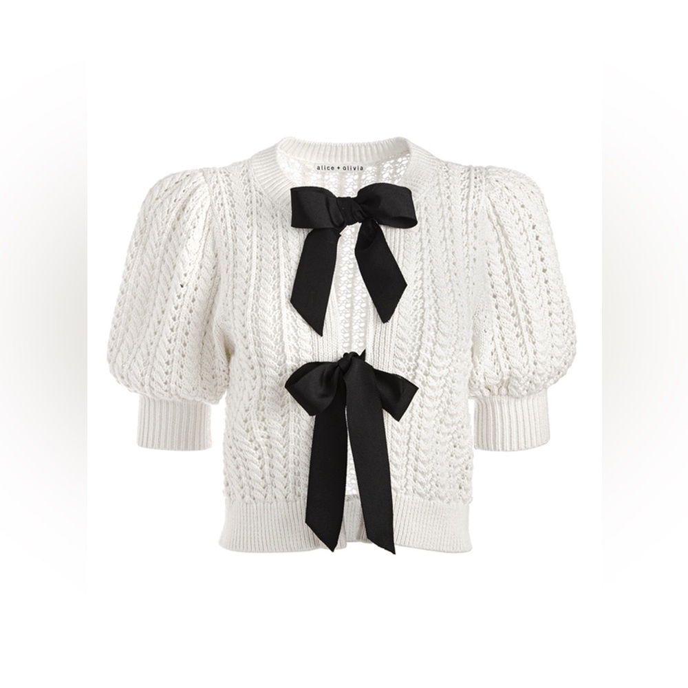 NWOT Alice + Olivia Kitty Tie Bow Puff Sleeve Cardigan Sweater XS